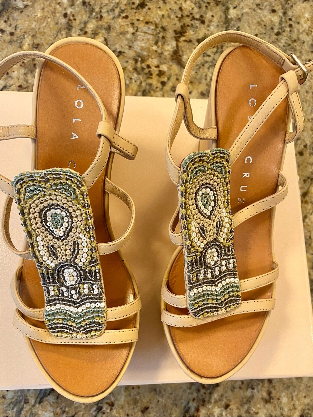 Lola Cruz Beige Beaded Wedge Sandals size 7